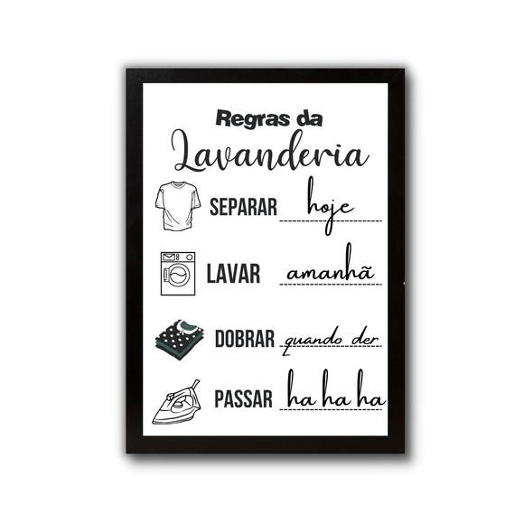 Quadro Regras da Lavanderia Humor com Moldura e Vidro 30x40