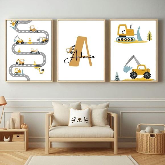 Quadro Retroescavadeira Infantil para Bebê Menino com Vidro