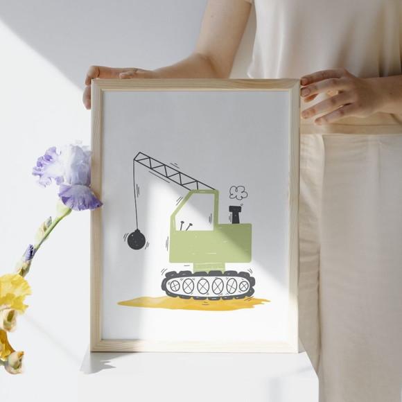 Quadro Retroescavadeira Trator Verde | Moldura com Vidro