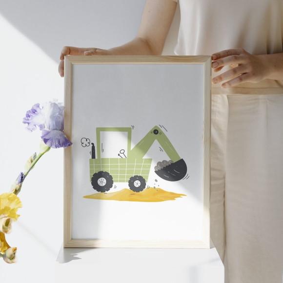 Quadro Retroescavadeira Trator Verde | Moldura com Vidro