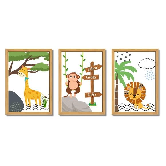Quadro Safari Bebê Infantil com Moldura de Madeira e Vidro