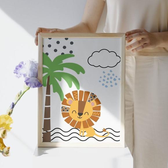 Quadro Safari Bebê Infantil com Moldura de Madeira e Vidro