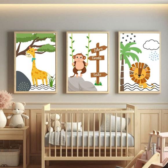 Quadro Safari Bebê Infantil com Moldura de Madeira e Vidro