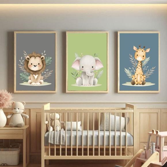 Quadro Safari Infantil Quarto de Bebe Verde Azul com Vidro