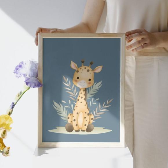 Quadro Safari Infantil Quarto de Bebe Verde Azul com Vidro
