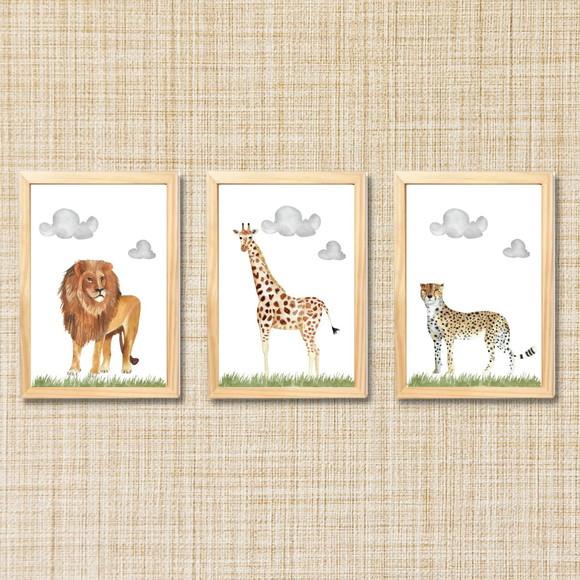 Quadro Safari para Quarto de Bebe Leão Girafa Aquarela 33x43