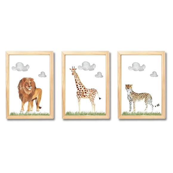 Quadro Safari para Quarto de Bebe Leão Girafa Aquarela 33x43