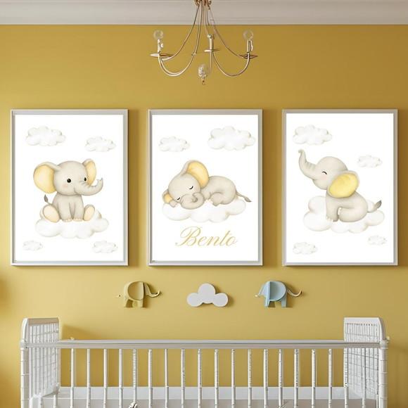 Quadro Tema Elefantinho para Quarto Infantil Unissex Moldura