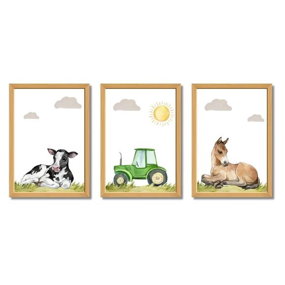 Quadro Tema Fazendinha Vaca Cavalo Trator Aquarela 23x33cm