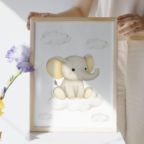 Quadro Tema Elefantinho para Quarto Infantil Unissex Moldura