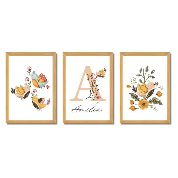 Quadro Tema Florido Pássaros Personalizado Quarto de Menina