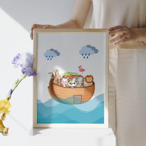 Quadro Temático Arca de Noé Infantil Frases Bíblicas 33x43cm