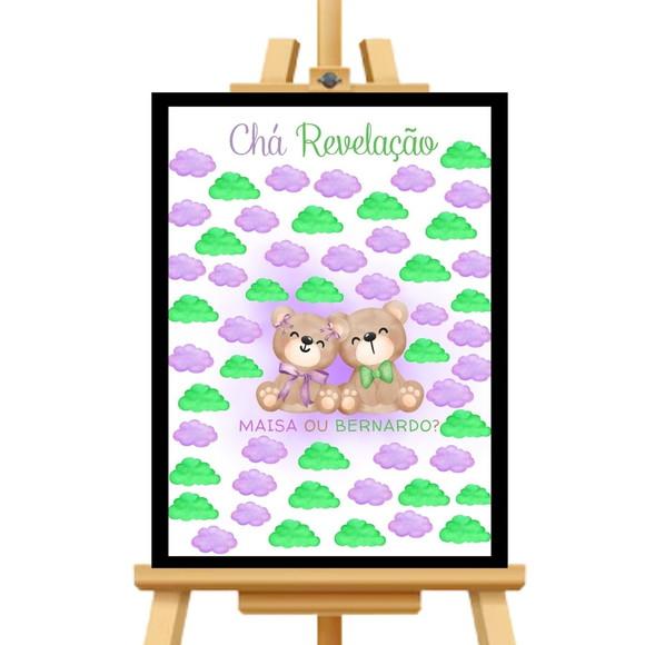 Quadro Ursinhos Chá Revelação Verde e Lilás Moldura 33x43 cm
