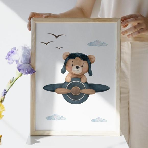 Quadro Urso Aviador Azul Personalizado Moldura com Vidro