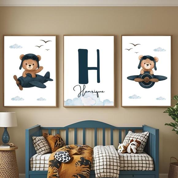 Quadro Urso Aviador Azul Personalizado Moldura com Vidro