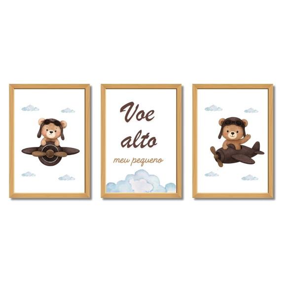 Quadro Urso Aviador Infantil Voe Alto Moldura com Vidro