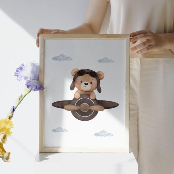 Quadro Urso Aviador Infantil Voe Alto Moldura com Vidro