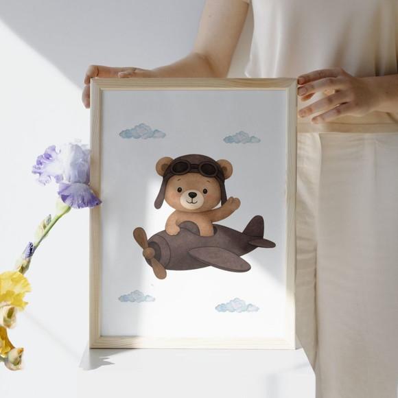 Quadro Urso Aviador Infantil Voe Alto Moldura com Vidro