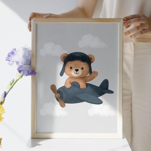Quadro Urso Aviador Quarto de Bebe Moldura com Vidro