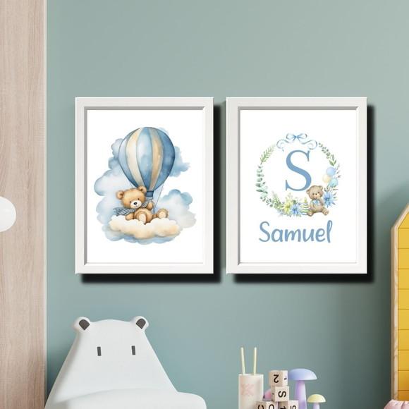 Quadro Urso Azul Personalizado Quarto de Menino com Nome