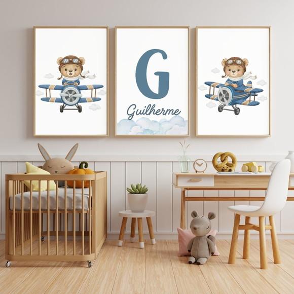 Quadro Urso Avião Personalizado Quarto Bebê Moldura e Vidro