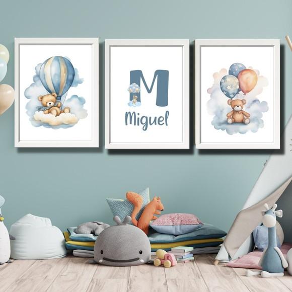 Quadro Urso Baloeiro Azul Personalizado Quarto Criança 33x43