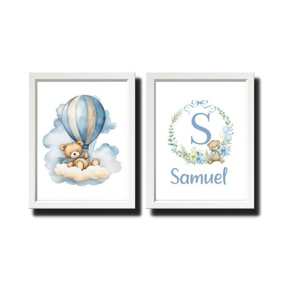 Quadro Urso Azul Personalizado Quarto de Menino com Nome