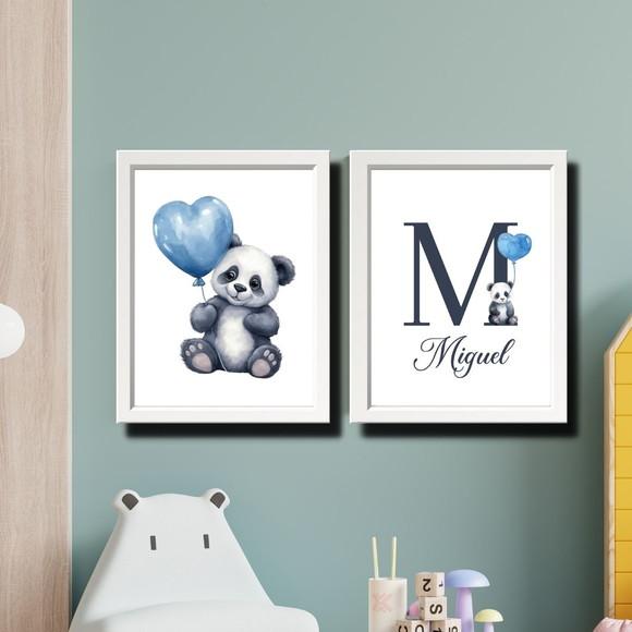 Quadro Urso Panda Personalizado Quarto de Menino com Nome