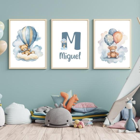 Quadro Urso Baloeiro Azul Personalizado Quarto Criança 33x43