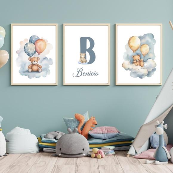 Quadro Urso Personalizado com Nome do Bebê Moldura e Vidro
