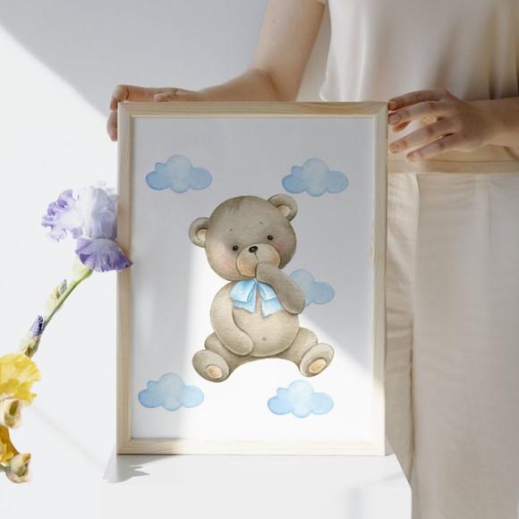 Quadro Urso para Quarto de Bebê Azul Personalizado Nome