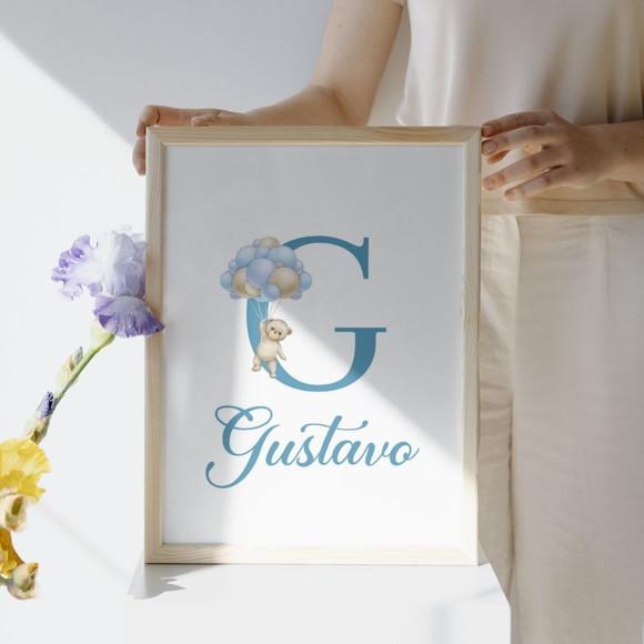 Quadro Urso para Quarto de Bebê Azul Personalizado Nome