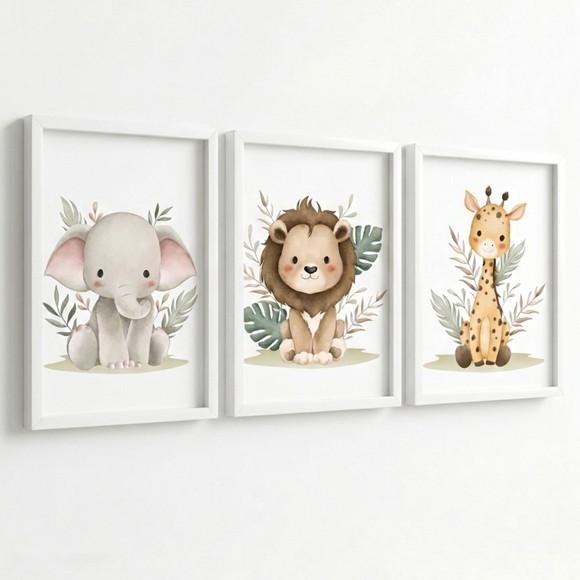 Quadros Animais da Selva Infantil Moldura com Vidro 33x43 cm
