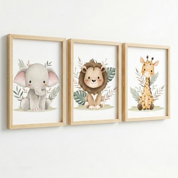 Quadros Animais da Selva Infantil Moldura com Vidro 33x43 cm