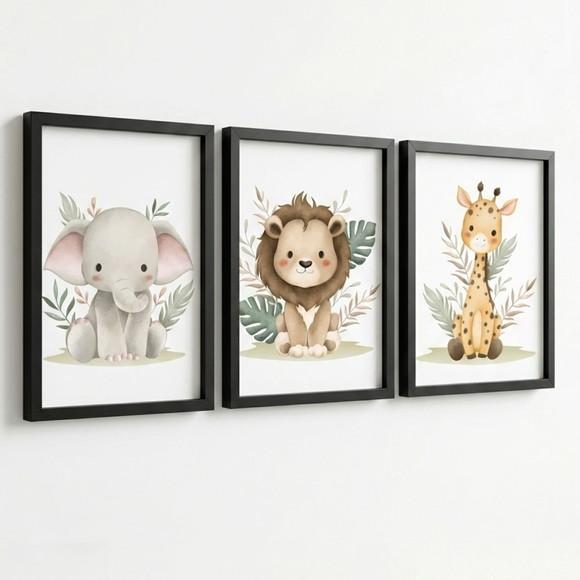 Quadros Animais da Selva Infantil Moldura com Vidro 33x43 cm