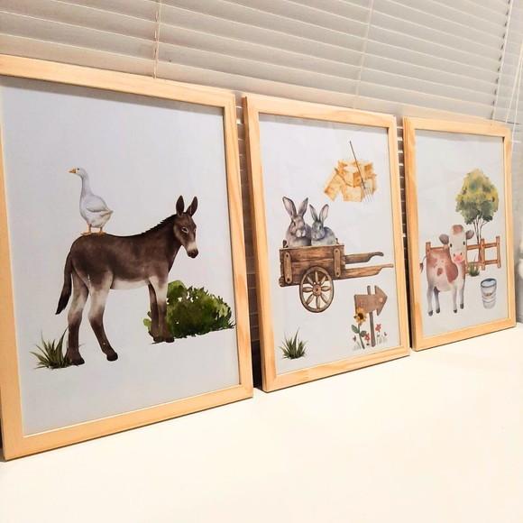 Quadros Decorativos Fazendinha Burrinho Vaca Aquarela 33x43