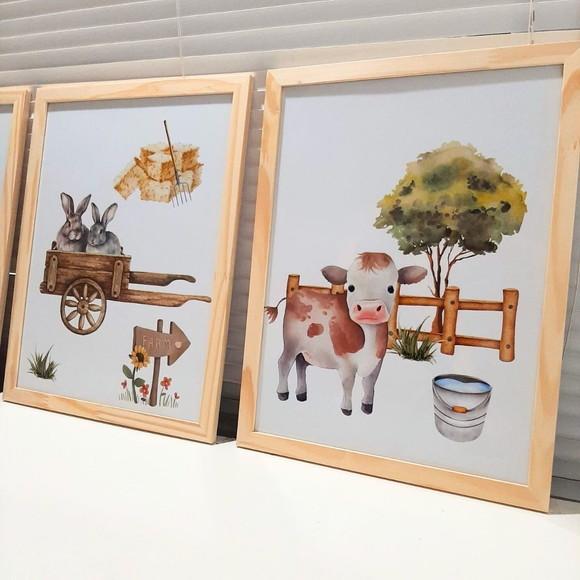 Quadros Decorativos Fazendinha Burrinho Vaca Aquarela 33x43