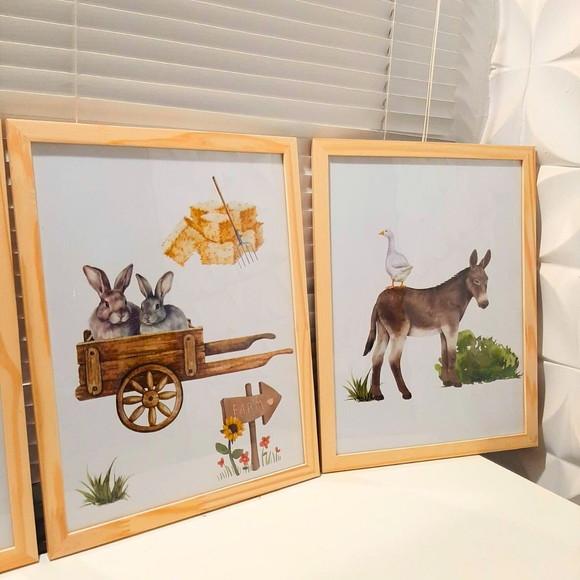 Quadros Decorativos Fazendinha Burrinho Vaca Aquarela 33x43