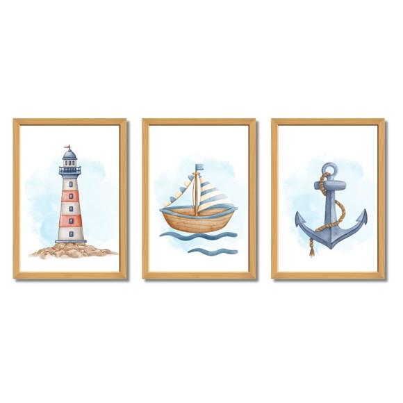 Quadros Decorativos Náuticos Kit 3 Parede Bebê com Vidro