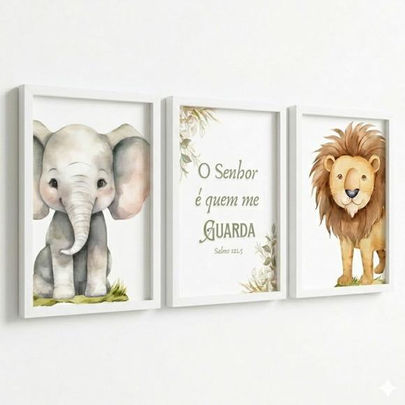 Quadros Decorativos Safari Leão Elefante Aquarela com Vidro