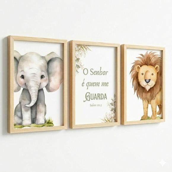 Quadros Decorativos Safari Leão Elefante Aquarela com Vidro