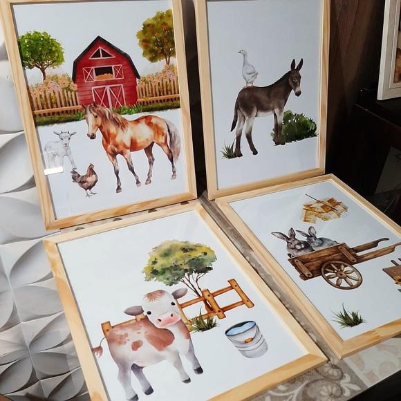 Quadros Fazendinha Aquarela Quarto de Bebe 33x43 com Vidro