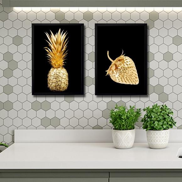 Quadros Grande para Cozinha com Moldura e Vidro Preto Frutas