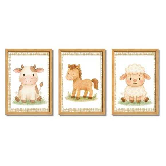 Quadros Infantil Fazendinha Aquarela Bichinhos com Vidro