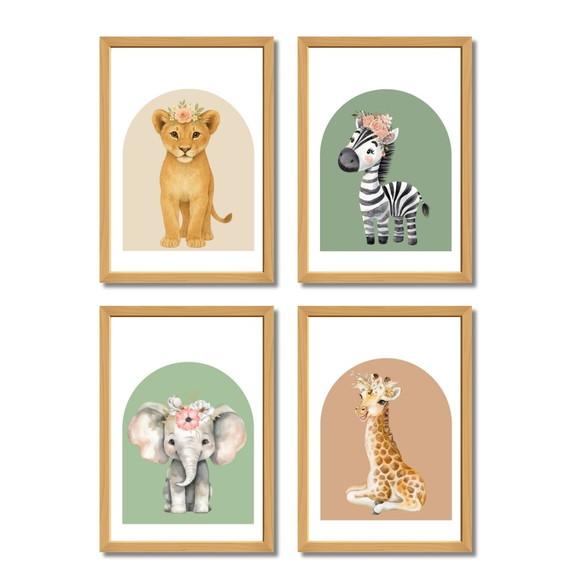 Quadros Infantil Quarto de Menina Animais Safari com Vidro