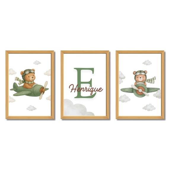 Quadros Infantil Urso Aviador Verde com Nome da Criança