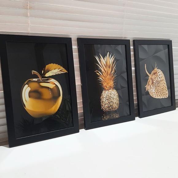 Quadros para Cozinha Frutas Douradas Moldura com Vidro 23x33