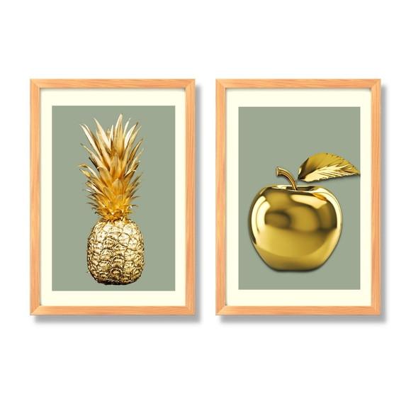 Quadros para Cozinha Moderna Abacaxi e Maçã Dourado 33x43 cm