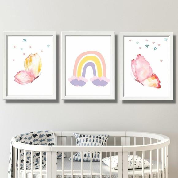 Quadros para Quarto de Bebe Menina Borboleta Arco Ires 33x43
