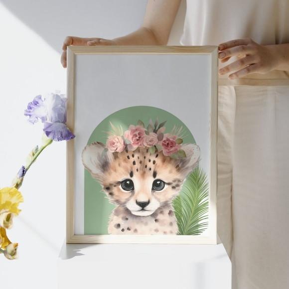 Quadros para Quarto de Menina Animais com Flor Safari 33x43